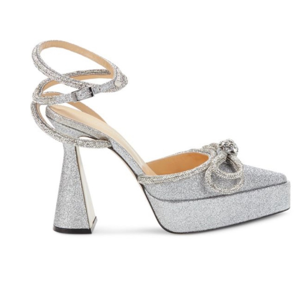 Mach & Mach Silver Glitter Double Bow Platform Pumps